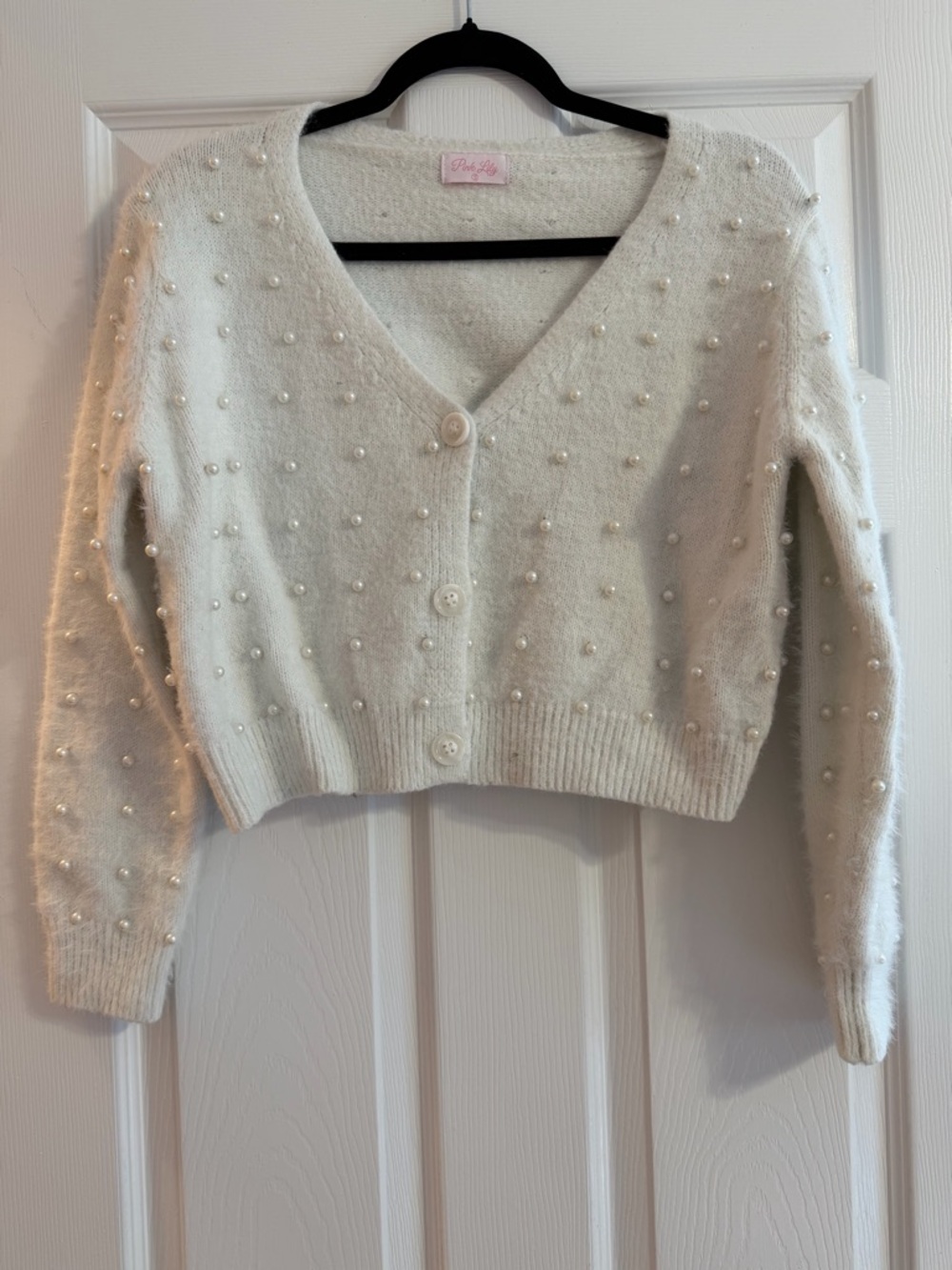 Pink Lily Cream Pearl-Embellished Cropped Cardigan